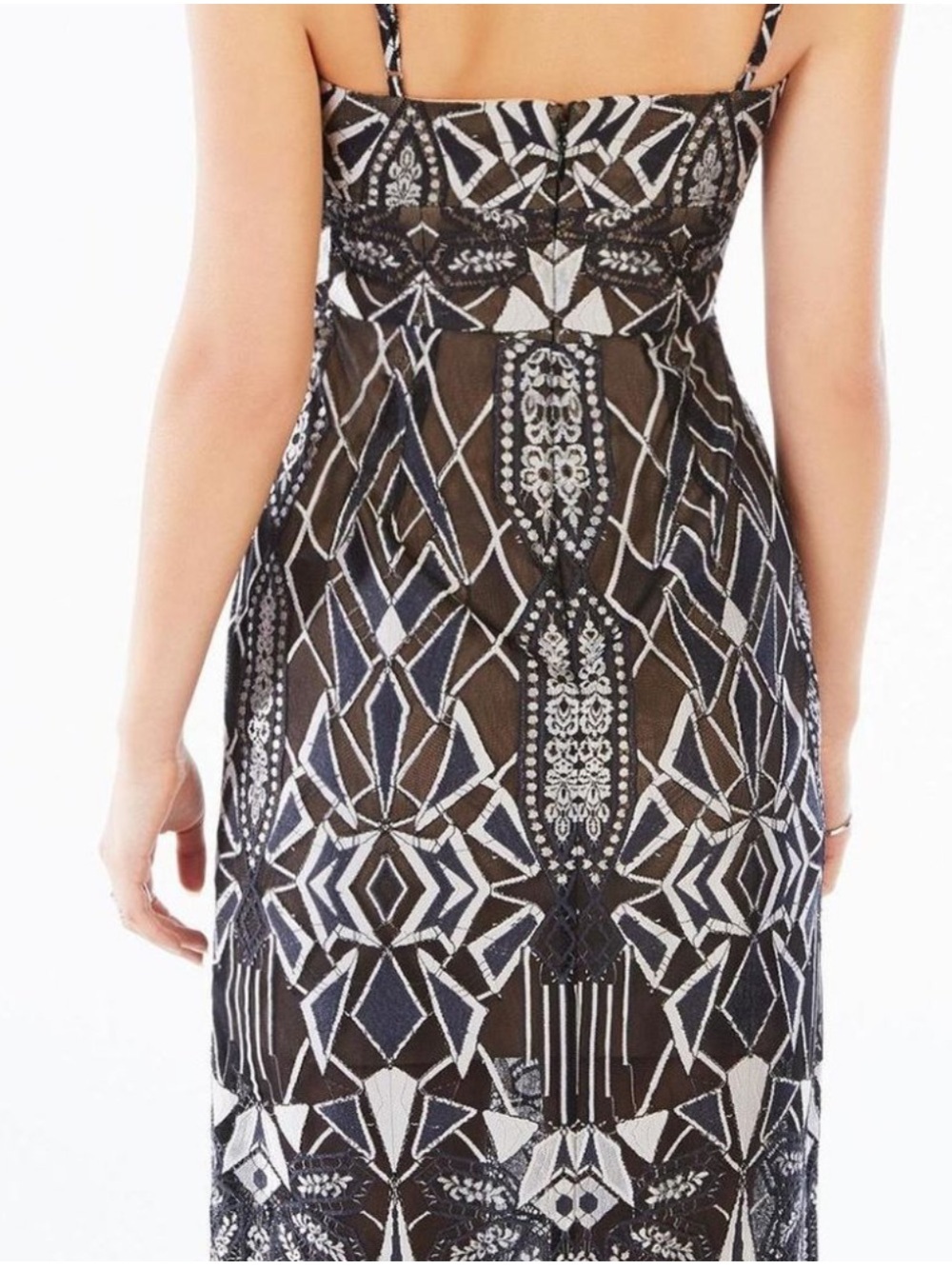 BCBGMaxAzria Black and Silver Metallic Geometric Lace Midi Dress - Picture 4 of 15